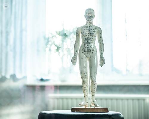 Figura maqueta de un cuerpo humano con puntos de aplicación de Acupuntura - by Top Doctors